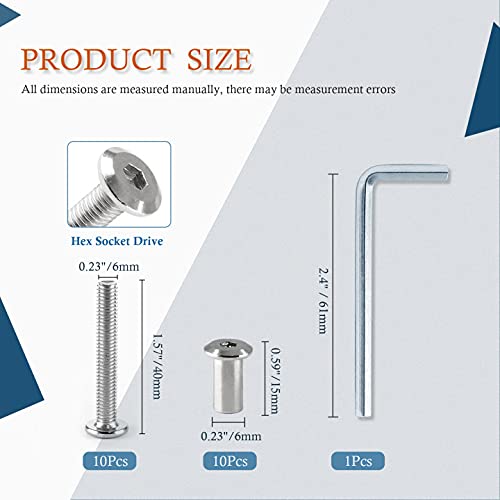 M6x40mm Hex Drive Socket Cap Bolt, Silver, 10 Pair (20 Piece) - color: Silver, size: M6x40mm