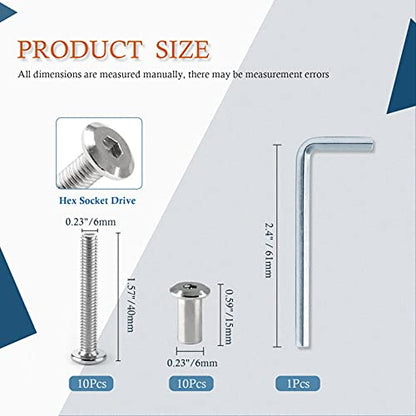 M6x40mm Hex Drive Socket Cap Bolt, Silver, 10 Pair (20 Piece) - color: Silver, size: M6x40mm