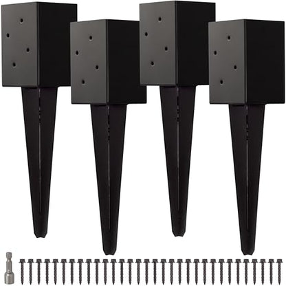 LADECH 4x4 Fence Post Anchor Ground Spike 16” Length Metal Black Powder Coated – Mailbox Post Anchors – Fit 3.5x3.5 Wood Posts (4 Pcs)