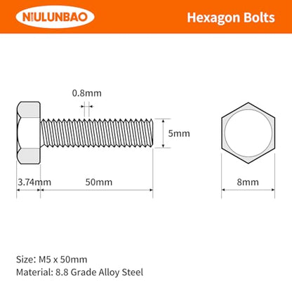 M5-0.8 x 50mm Heavy Duty Hexagon Bolts Hex Head Screws, 8.8 Grade Alloy Steel, Black Oxide Finish, Metric Machine Fully Threaded, 25PCS - size: M5-0.8 x 50mm(25PCS)