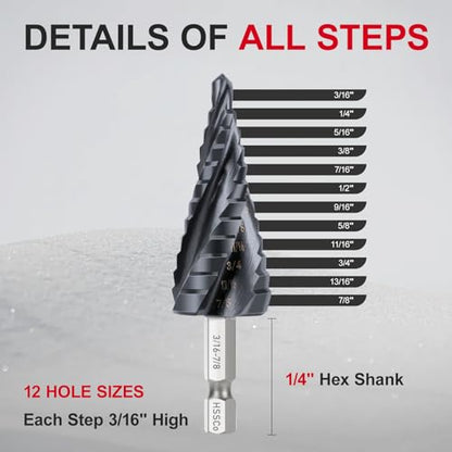 M35 Four Spiral Flute Cobalt Step Drill Bit, 3/16" - 7/8"(12 Step Size) Impact Ready Unibit Step Drill Bit, 1/4" Hex Shank Step Bit for Metal, Stainless Steel, Aluminum, Plastic - style: 1PC M35 Step Drill Bit