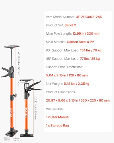 VEVOR Cabinet Jack Support Pole, 2-Pack, 20.8-45.3 Inch Steel Telescopic Quick Support Rod, Adjustable 3rd Hand System up to 154 lbs Capacity for Installing Cabinets, Lifting Drywall, Cargo Bars - style: 20.8"-45.2" 2PC
