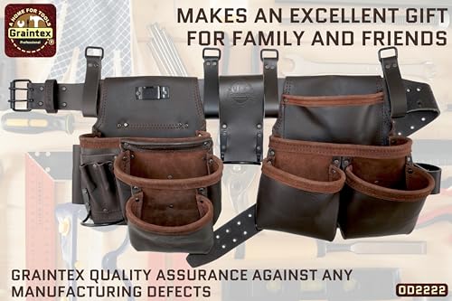 Graintex 13 Pocket Framers Tool Belt, 4 Pc Combo Industrial Grade Leather Tool Pouch, 2” Leather Belt & Hammer Holder, Bags for Drywall Tools, Electricians, Plumbers - color: Brown Oil Tanned
