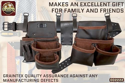 Graintex 13 Pocket Framers Tool Belt, 4 Pc Combo Industrial Grade Leather Tool Pouch, 2” Leather Belt & Hammer Holder, Bags for Drywall Tools, Electricians, Plumbers - color: Brown Oil Tanned