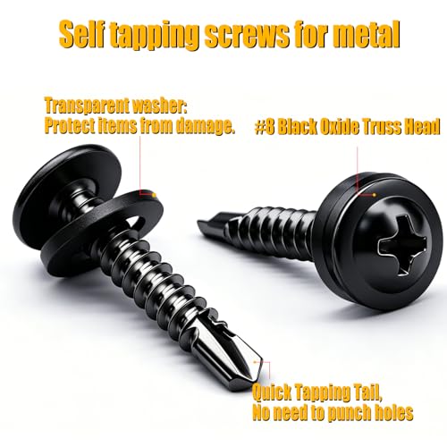 weideer 360pcs Self Tapping Screws for Metal, #8 410 Stainless Steel Sheet Metal Screws, Black Oxide Truss Head Self Drilling Screw with Rubber Washer,Length 1/2" to 1-1/4'' - size: BK 360PCS #8 Kit