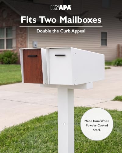 Ilyapa Double Mailbox Post for Outside - 43x4x4 inch White Metal Dual Mailboxes Post for Outside with Universal Mounting Bracket Plate for 2 Mailboxes - color: White Double