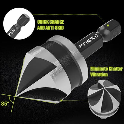 5 Pcs Four Spiral Flute Step Drill Bit Set, 6 Pcs Countersink Drill Bits - size: HSS 11 Pieces (5 Step + 6 Countersink)