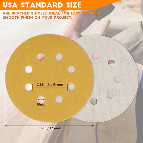 5-Inch 8-Hole Hook and Loop Gold Sanding Discs, Pack of 50 Sandpaper, 150-Grit