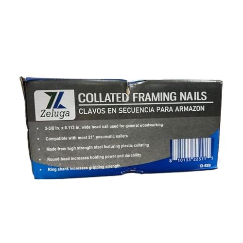 Zeluga 13-528 21 Degree 2-3/8" x.113" Round Head Ring Shank Plastic Strip Bright Collated Framing Nails, 5000/Box
