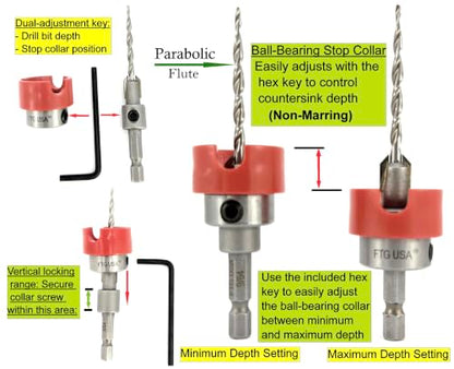 FTG USA #6 (9/64") TCT Tapered Wood Drill Countersink, No-Mar Bearing Stop - size: #6, style: Parabolic Flute with Depth Stop