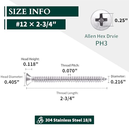 #12 x 2-3/4" Flat Head Sheet Metal Screws, 304 Stainless Steel (18-8), Phillips Drive, Self Tapping, Corrosion Resistant Screws for Wood, Sheet Metal and More, 25 Pack - size: #12 x 2-3/4"