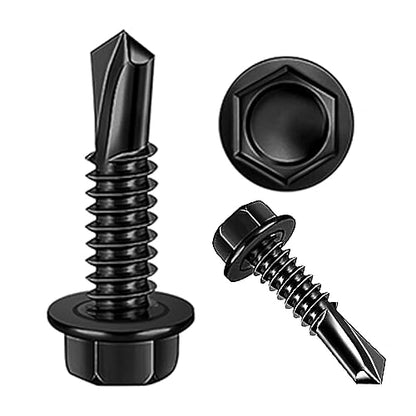 100pcs 410 Stainless Steel #8x1-1/2 Self Drilling Screws for Metal Plates Black hex Head High Strength & Corrosion Resistant self Tapping Screw (Hex #8x1-1/2) - size: Hex #8x1-1/2"