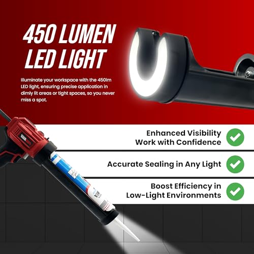 PROMAKER Cordless Caulking Gun, 21V Caulk gun w/ 2 Batteries, LED Light, Adjustable Speed, 3 Nozzle Adapters, 5 Knife Heads, 10 Oz Capacity, 550Lb Pushing Force, Caulk Tool Trowel & Scraper
