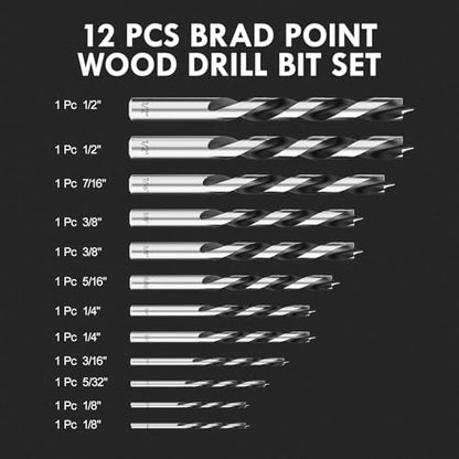 12Pcs (1/8" - 1/2") Brad Point Wood Drill Bit Set - size: Round Shank (1/8"-1/2") - 12pcs