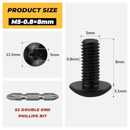 100pk M5 x 8mm Black Truss Head Machine Screws, 304 SS + Bit - size: M5-0.8 x 8mm