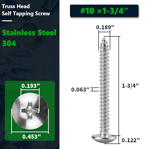 #10 x 1-3/4" Stainless Steel Truss Head Self Tapping Screws, 304 SS (18-8), Phillips Drive, Corrosion Resistant Screws for Wood, Metal & Sheet Metal Projects, 50 Pack - size: #10 x 1-3/4"