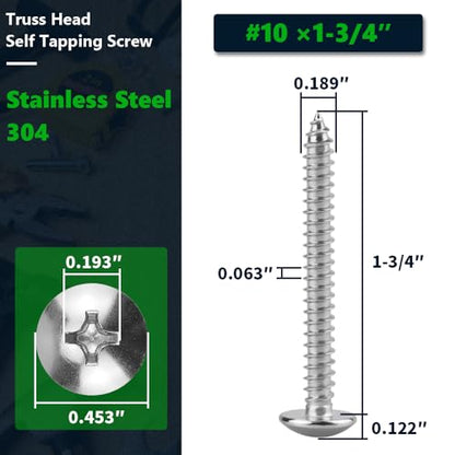 #10 x 1-3/4" Stainless Steel Truss Head Self Tapping Screws, 304 SS (18-8), Phillips Drive, Corrosion Resistant Screws for Wood, Metal & Sheet Metal Projects, 50 Pack - size: #10 x 1-3/4"