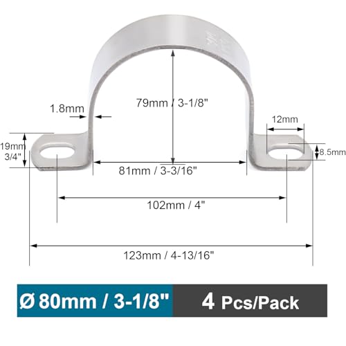 OD 3-1/8" Conduit Clamp 304 SS Pipe Support U Bracket, Tube Clamp for Large Cable/Water Pipe/Pipe, Heavy Duty Strap Clamps | OD 3-1/8" | 4 pcs - size: Ø 3-1/8"