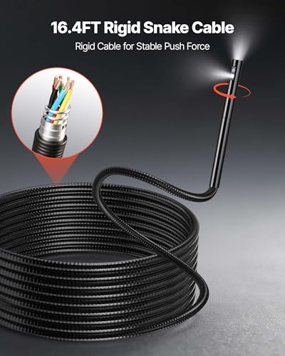 VEVOR 360° Borescope with Innovative 360° Motorized Rotation Probe, 5" 16.4FT Endoscope Inspection Camera, 1080P HD Rigid Snake Scope Cam for Wall Automotive Engine Inspect - size: 5" - 16.4 ft Length