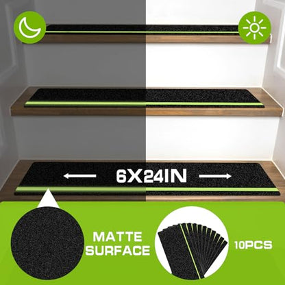LadyRosian Outdoor Stair Treads Non Slip 10-Pack Black Glow 6" x 24" - Weather Resistant Adhesive Heavy Grip Tape - Waterproof Anti Skid Strips- Glow in The Dark 80-Grit Adhesive Treads - color: Dark, size: 6" x 24"