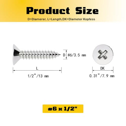 #6 x 1/2 inch Flat Head Wood Screws, 304 Stainless Steel Phillips Drywall Screws and Tapping Screws, High Hardness Screws for Drywall, Sheetrock, Wood (100 pcs) - size: #6 x 1/2"