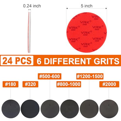 24 PCS 5 Inch Hook and Loop Sanding Sponge Discs Set 180 to 2000 Grit - size: 5 In Mix Grit 24 PCS