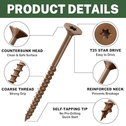 LIONMAX Deck Screws 4 Inch, Wood Screws #10 x 4, 300 PCS, Brown - color: Brown, size: #10 x 4"