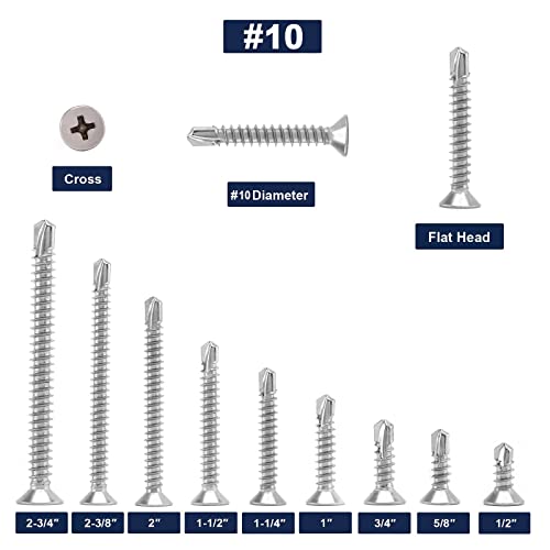 #10 x 1" Sheet Metal Screws 100Pcs 410 Stainless Steel Flat Head Tek Screws Fast Self Tapping Screws by SG TZH - size: #10 x 1"
