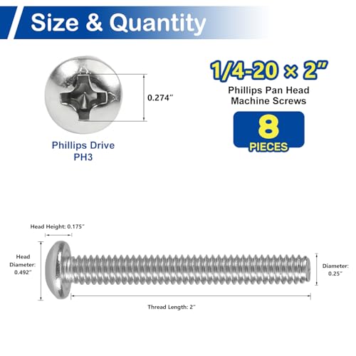 8 Sets 1/4-20 x 2 Pan Head Machine Screws Nuts Washers Assortment Kit - size: 1/4-20 x 2"