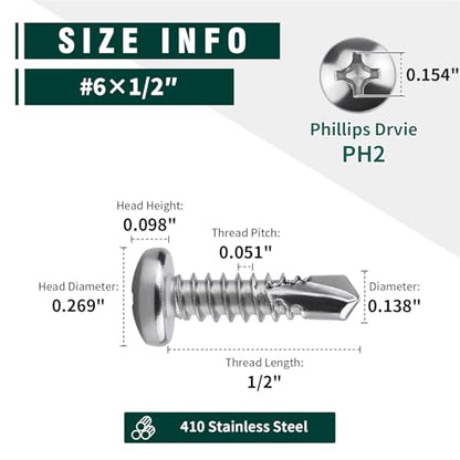 #6 x 1/2" Pan Head Self Drilling Screws, Phillips Drive, 410 Stainless Steel Sheet Metal Screws,Self Tapping, Dovetail, Pack of 100 - size: #6 x 1/2"