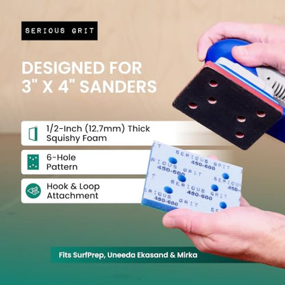 Serious Grit - 3x4 1/2" Foam Sanding Pads - 120-150 Grit Finish - 10 Pack - size: 120-150 Grit, style: 12.7mm Foam