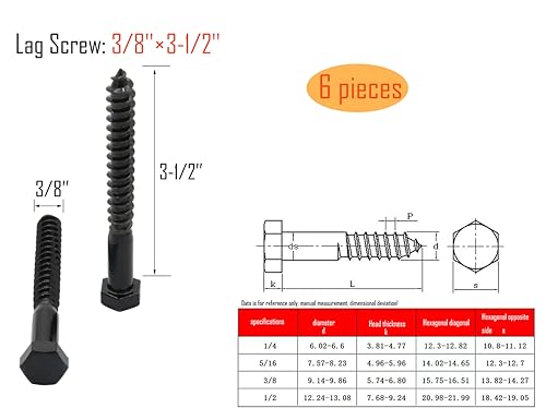 LBY 6pcs Lag Screws, 3/8" x 3-1/2" Hex Head Lag Screws Bolts (with Washers), Heavy-Duty Wood Screws for Decking & Structural Fastening, 304 Stainless Steel, (Black) - size: 3/8" x 3-1/2"
