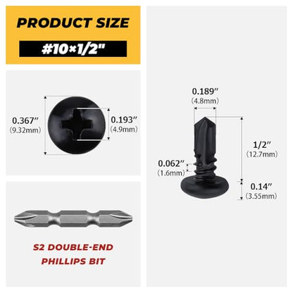 150pk #10 x 1/2" Black Pan Self-Drilling Sheet Metal Screws, 410 SS + Bit - size: #10 x 1/2"