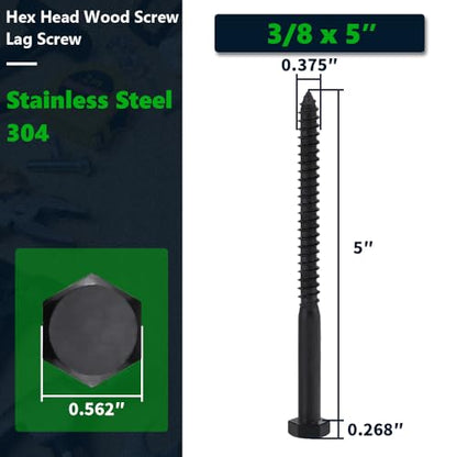 8-Sets 3/8 x 5 Black Hex Head Lag Screws & Flat Washers, Heavy Duty Wood Lag Screws, 304 Stainless Steel (18-8), 3/8" Bolt - size: 3/8 x 5