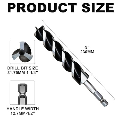 1-1/4"×9" Professional Auger Drill Bit for Wood with Quick Change 1/2" Hex Shank- 3-Cutter Design with Dual-Flute for Fast Chip Removal, Fits Hardwood, Softwood, PVC, Drywall & Tree Stumps - size: 1-1/4"×9"