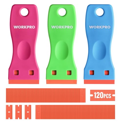 WORKPRO Plastic Razor Blade Scraper Kit, 3 Scrapers with 120 Blades - size: 3 Pack + 120 Blades