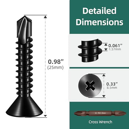 250pcs #10 x 1 Sheet Metal Self Tapping Screws Assortment Kit, 410 Stainless Steel Flat Head High-Strength Fast Self-Drilling Screws, Black Oxided - size: #10x1"