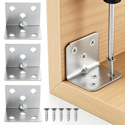 7 Pack L Brackets for Wood, Stainless Steel Corner Braces, Heavy Duty Metal Angle Bracket with 42 Screws, Silver 90 Degree Right Angle Joint Fastener for Shelf Furniture Cabinet