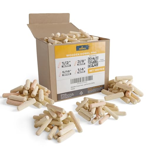 ALBO 100 Pcs. Fluted Wood Dowel Pin Kit, 1/4, 5/16, 3/8 & 1/2 Inch - size: Set 100pcs 1/2 + 3/8 + 5/16 + 1/4 inch