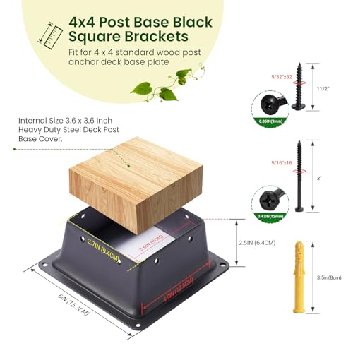4x4 Post Base 4Pcs Wood Fence Post Bracket Anchor Base Brackets Deck Post Base for Pergola Railing Mailbox Deck (Inner Size 3.6x3.6)