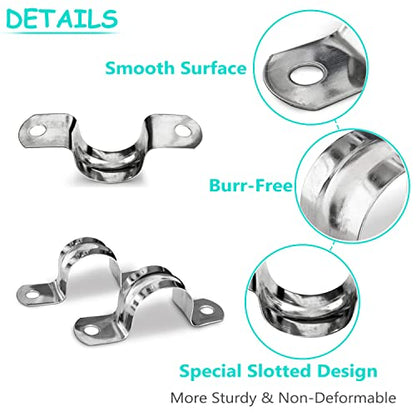 142 Pcs Pipe Strap Clamp Assortment Kit, 304 Stainless Steel 2 Holes Rigid Pipe Strap U Braket Tube Pipe Strap Clamp