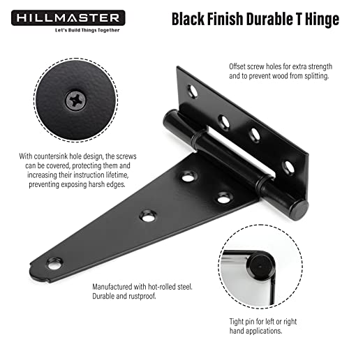 HILLMASTER 6 Inch T-Strap Heavy Duty Shed Door Hinges Gate Strap Hinges Black Tee Hinge Wrought Hardware for Wooden Fences,Yard,Barn Door,Rustproof (6 Pack) - size: 6in 6Pack