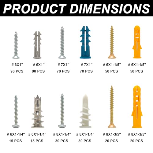 550Pcs Drywall Anchors and Screws Kit,275 Plastic & Heavy Duty Zinc Self-Drilling Anchors and 275 Flat Head Screws,Multiple Sizes Anchors for Drywall Hanging and Mounting