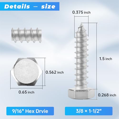 Glvaner (10 pcs) 3/8" x 1-1/2" Stainless Steel Hex Head Lag Bolts, Hexagonal Head Lag Screws, 304 Stainless Steel 18-8, Secure Hold for Wood - size: 3/8 x 1-1/2"