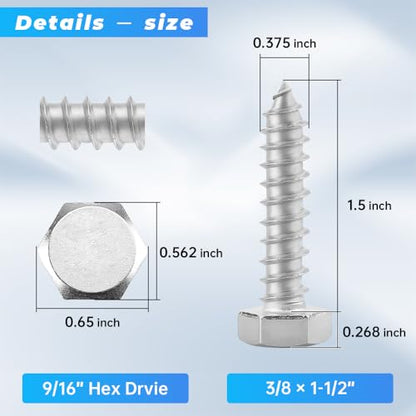 Glvaner (10 pcs) 3/8" x 1-1/2" Stainless Steel Hex Head Lag Bolts, Hexagonal Head Lag Screws, 304 Stainless Steel 18-8, Secure Hold for Wood - size: 3/8 x 1-1/2"