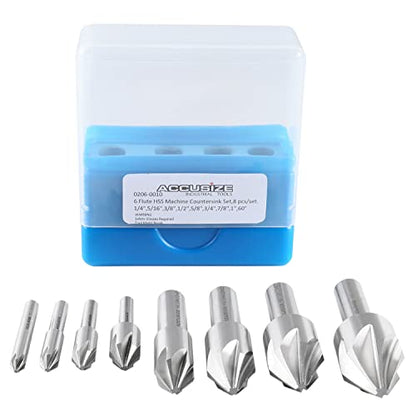 Accusize Industrial Tools 60 Degree 6 Flute H.S.S. Machine Countersink, 8 Pcs, Precision Ground, 0206-0010 - size: 60°