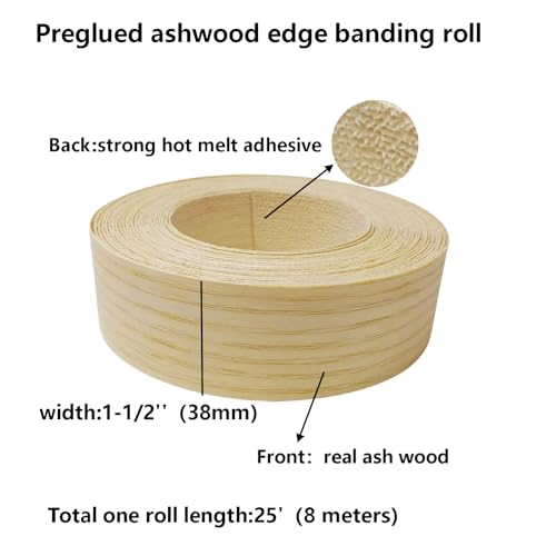 Ash Wood Veneer Edge Banding Roll 1-1/2 inch X 26ft -Pre-glued Iron On Veneer Edging Strip-Backed with Hot Melt Adhesive-Flexible Plywood Edgebanding Apply for Furniture Door Desk
