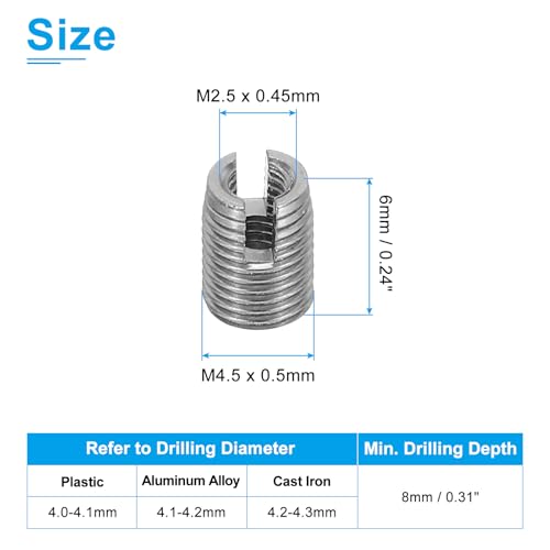 PATIKIL Self-Tapping Threaded Inserts, 20 Pcs M2.5 x M4.5 x 6mm 303 Stainless Steel Thread Adapter Reducer Slotted Screw Repair Inserts Nuts Sleeve - size: M2.5 x M4.5 x 6mm