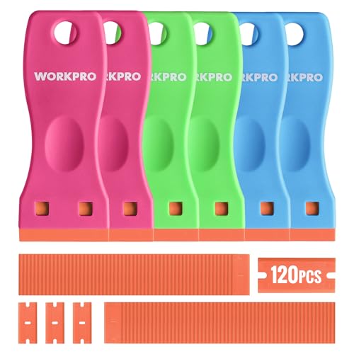 WORKPRO Plastic Razor Blade Scraper Kit, 6 Scrapers with 120 Blades - size: 6 Pack + 120 Blades