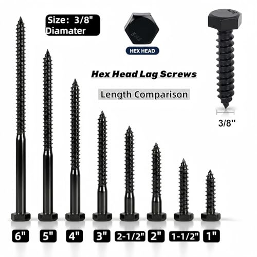 3/8" x 2" Hex Head Lag Screws (10 Pcs) with Washers – Heavy Duty Black Oxide 304 Stainless Steel Bolts 18-8, Wood, Roofing & Construction (Partial Thread) - size: 3/8"x2"